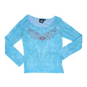 Harley davidson light blue rhinestone long sleeve shirt blouse top size medium